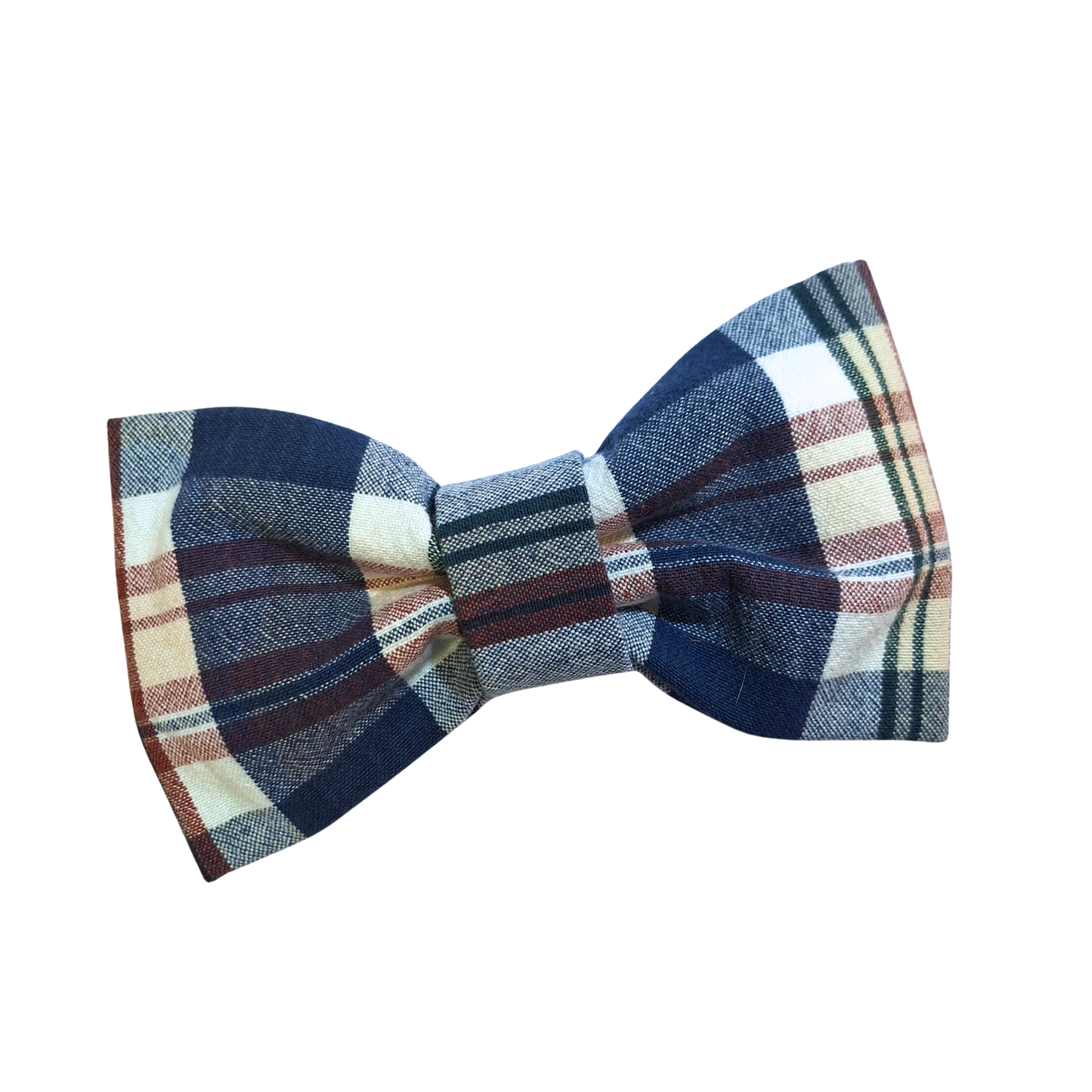 Blue and Brown Plaid bow tie on a white background. 
